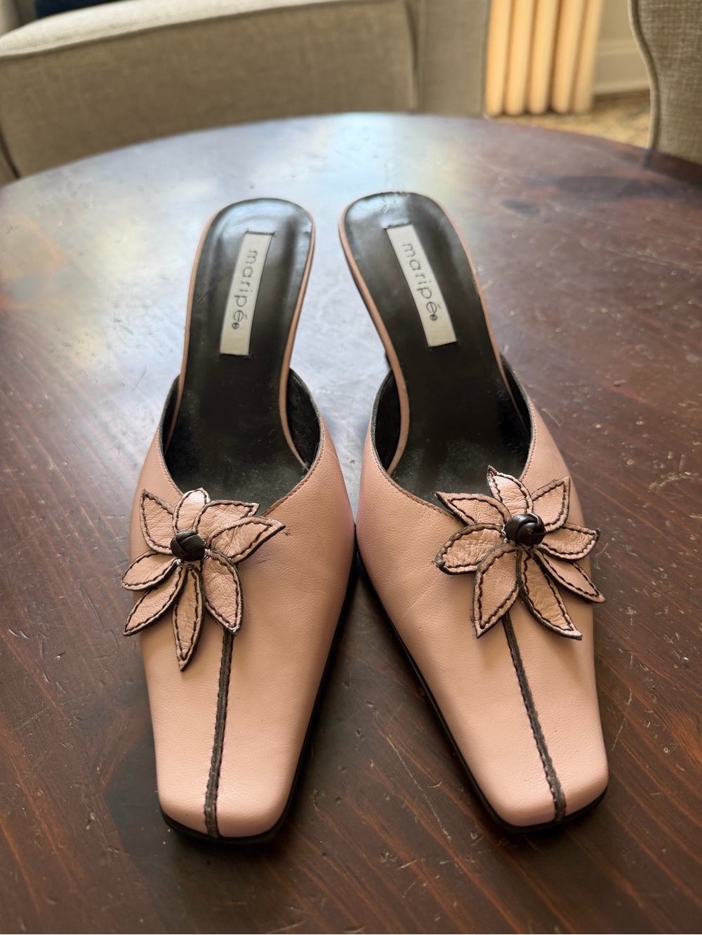 Maripé Leather Floral Mule Heels Pink Square Toe Slip On Shoes Women’s 9 - Picture 2 of 5